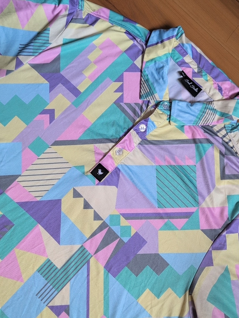 Bad Birdie Shirt Mens Large Pastel Pink Blue Geometric AOP Short Sleeve Golf